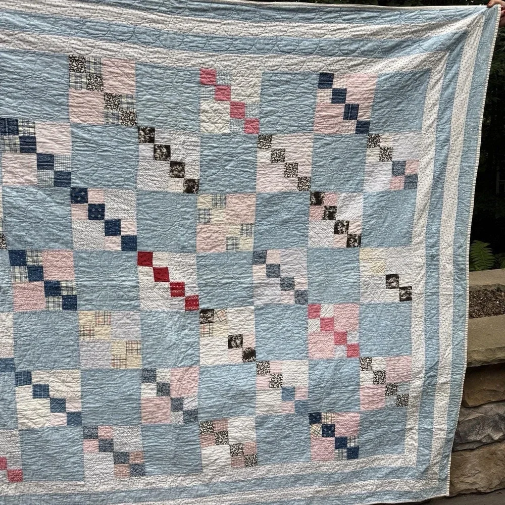 Vintage Hand Quilted Patchwork Quilt Full Blue Pink Cottage Farmhouse Cotton
